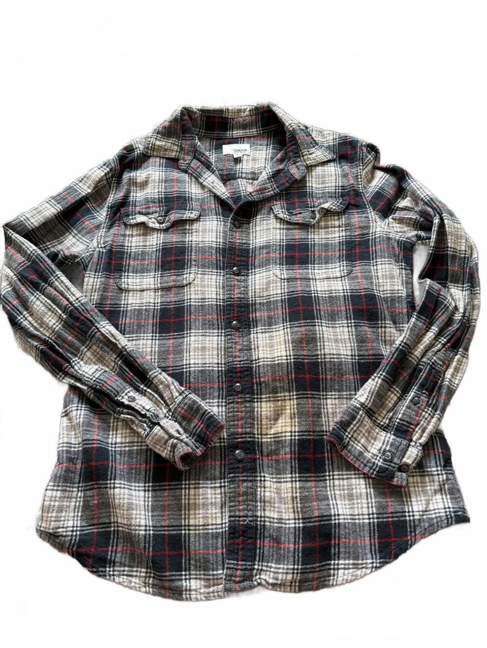 Sonoma Women’s Small Black Cream Red Plaid Flannel Button Down Shirt